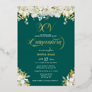 Emerald Green Quinceañera Floral Gold Folieneinladung