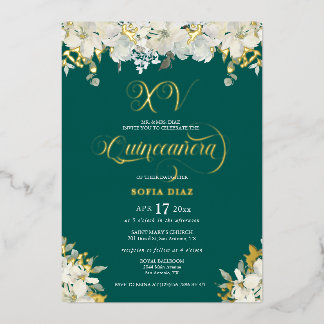 Emerald Green Quinceañera Floral Gold Folieneinladung
