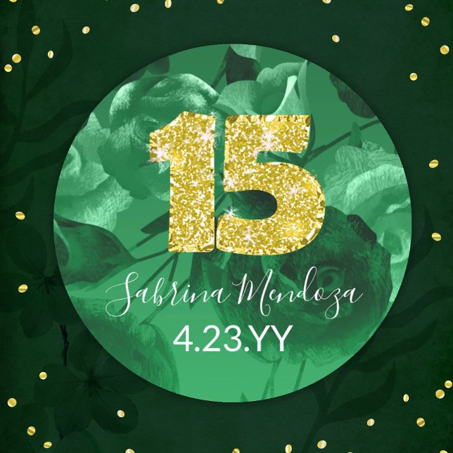 Emerald Green Quinceanera Gold #15 Runder Aufkleber (emerald green quinceanera sticker with gold, glitter number 15, mis quince anos, personalized label)