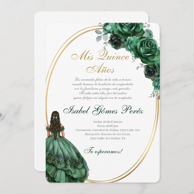 Emerald Green Quinceanera invitation in Spanish Einladung (Vorne/Hinten)
