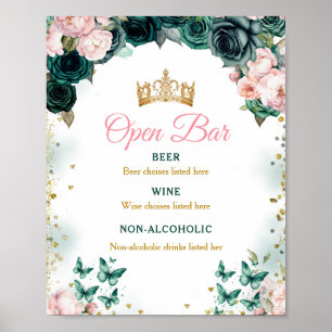 Emerald Green Quinceañera Open Bar Pink Floral Poster