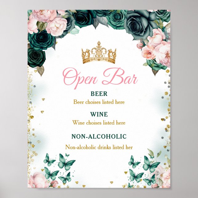 Emerald Green Quinceañera Open Bar Pink Floral Poster (Vorne)