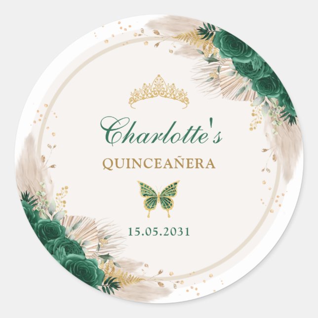 Emerald Green Quinceanera Prinzessin Miss Quince 1 Runder Aufkleber (Vorderseite)