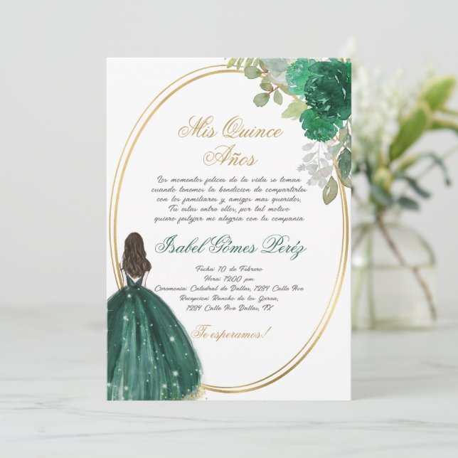 Emerald green Quinceanera Silhouette Einladung (Stehend Vorderseite)