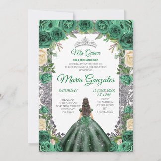 Emerald Green Quinceanera Silver Crown Glitzer Einladung