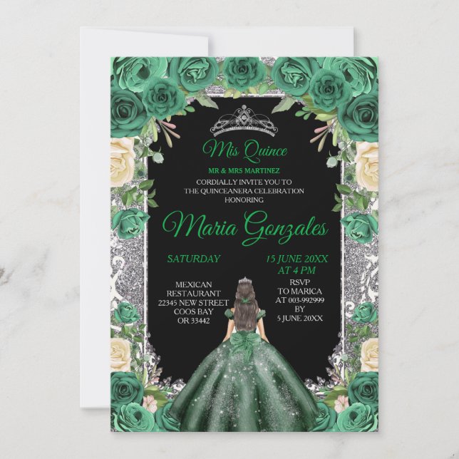 Emerald Green Quinceanera Silver Crown Glitzer Einladung (Vorderseite)