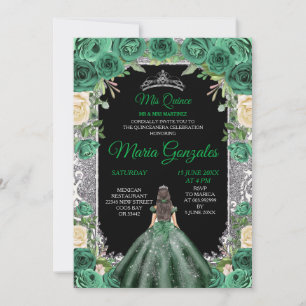 Emerald Green Quinceanera Silver Crown Glitzer Einladung