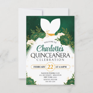 Emerald Green Quinceañera White Princess Dress Einladung