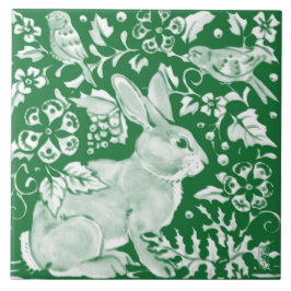 Emerald Green Rabbit Bird Woodland Floral Art Fliese