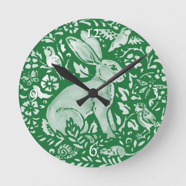 Emerald Green Rabbit Bunny Woodland Coodattcore Runde Wanduhr (Vorderseite)
