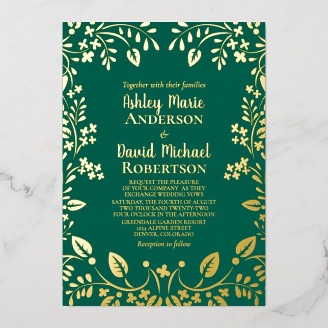 Emerald Green Real Gold Foil Blues Hochzeit Folieneinladung (Vorderseite)