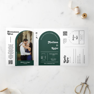 Emerald Green Retro Arch Foto QR Code Wedding Dreifach Gefaltete Einladung
