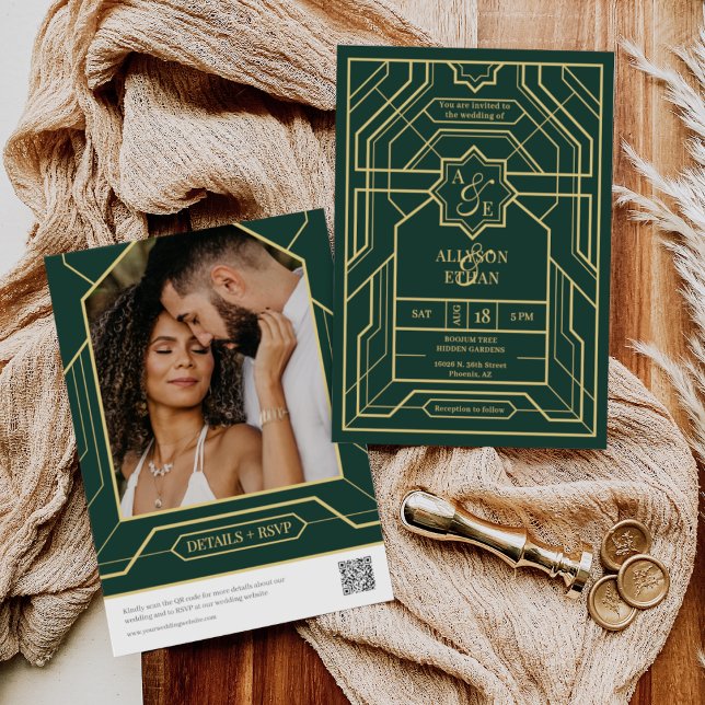 Emerald Green Retro Gold Art Deco QR Code Foto Einladung (Von Creator hochgeladen)