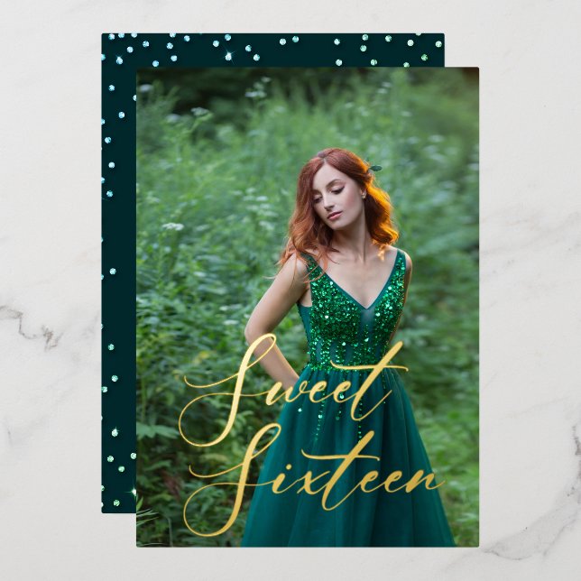 Emerald Green Rhinestones Gold Sweet 16 Foto Folieneinladung (Vorderseite/Rückseite)