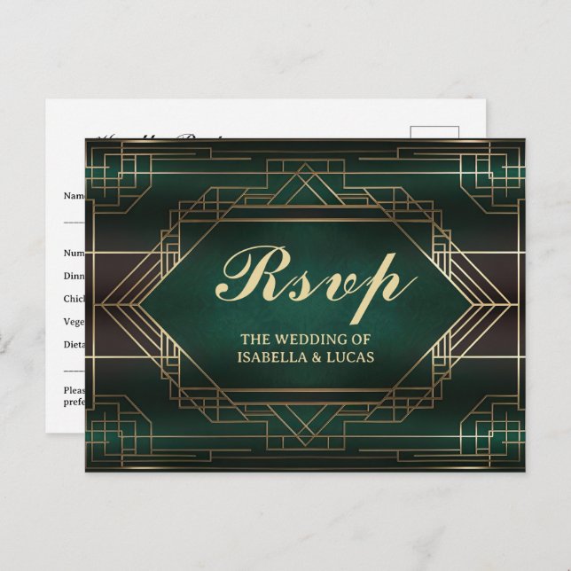 Emerald Green Roaring 20s Wedding RSVP Postkarte (Vorne/Hinten)