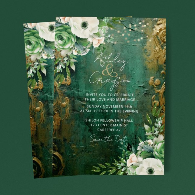 Emerald Green Romantic Floral Wedding Save The Date (Von Creator hochgeladen)