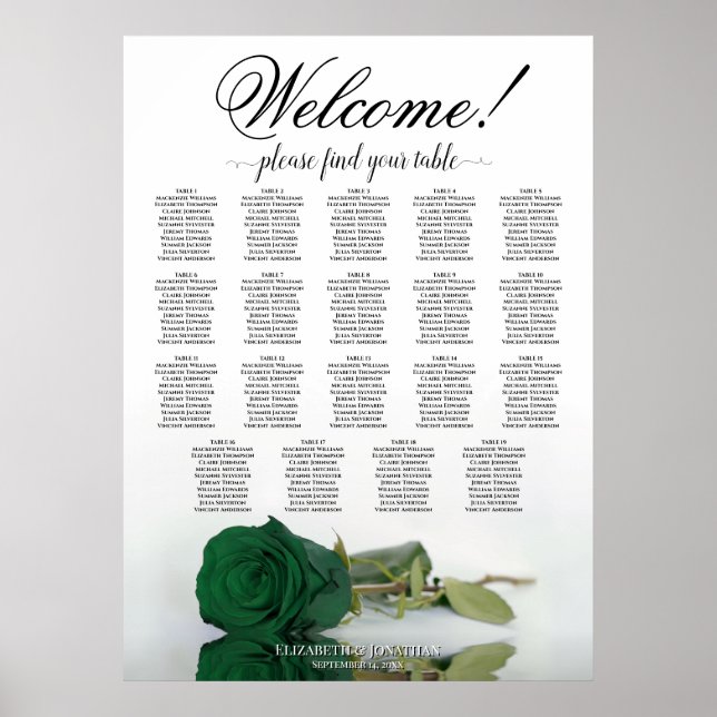 Emerald Green Rose 19 Table Wedding Seating Chart Poster (Vorne)