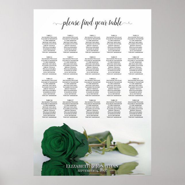 Emerald Green Rose 20 Table Wedding Seating Chart Poster (Vorne)