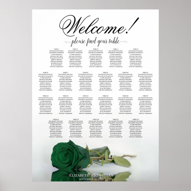 Emerald Green Rose 22 Table Wedding Seating Chart Poster (Vorne)