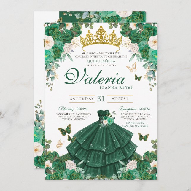 Emerald Green Rose Buttefly Princess Quinceanera Einladung (Vorne/Hinten)