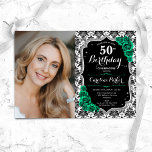 Emerald Green Rose Damask Foto 50. Geburtstag Einladung<br><div class="desc">Elegante florale feminine 50. Geburtstagseinladung mit Ihrem Foto. Glam Schwarz-weißes Design mit Imitaten Glitzer Silber. Enthält schwarz-weiße Damast-Muster,  smaragdgrüne Rose,  Skript-Schriftart und Konfetti. Ideal für ein stilvolles Party für Erwachsene. Personalisieren Sie Ihre persönlichen Daten. Kann für jedes Alter angepasst werden! Gedruckte Zazzle Einladungen oder Sofortdownload digitalen druckbaren Vorlage.</div>