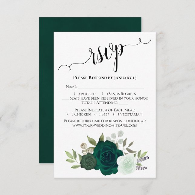 Emerald Green Rose Elegant Boho Chic Wedding RSVP Karte (Vorne/Hinten)