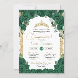 Emerald Green Rose Floral and Gold Quinceanera Einladung