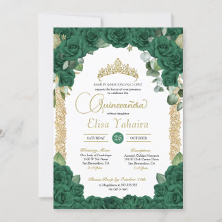 Emerald Green Rose Floral and Gold Quinceanera Einladung