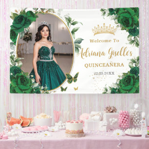Emerald Green Rose Floral Quinceañera Foto Banner