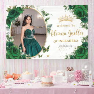 Emerald Green Rose Floral Quinceañera Foto Banner