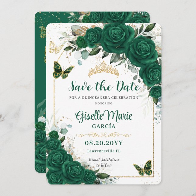 Emerald Green Rose Floral Quinceñera Butterfliegen Save The Date (Vorne/Hinten)