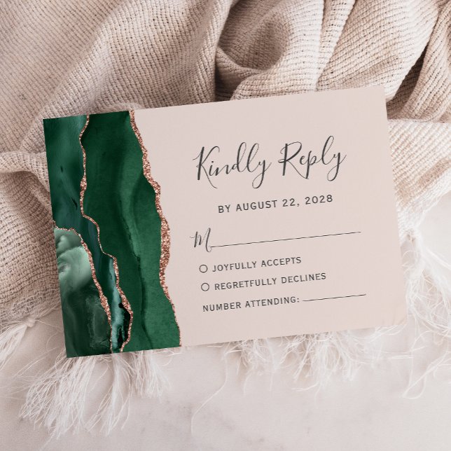 Emerald Green Rose Gold Agate Blush Pink Hochzeit RSVP Karte (Von Creator hochgeladen)