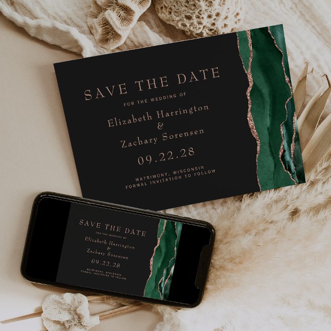 Emerald Green Rose Gold Agate Dark Save the Date Einladung (Von Creator hochgeladen)