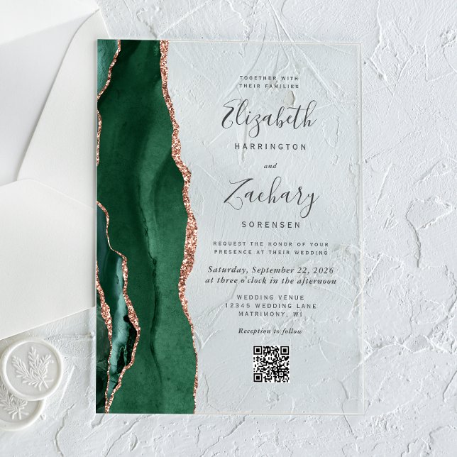 Emerald Green Rose Gold Agate QR Code Wedding Acryleinladungen (Von Creator hochgeladen)