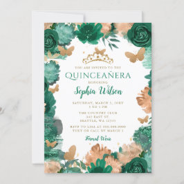 Emerald Green Rose Gold Butterfets Quinceañera Einladung