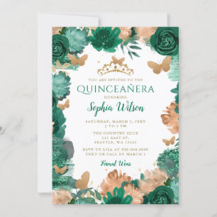 Emerald Green Rose Gold Butterfets Quinceañera Einladung