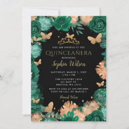 Emerald Green Rose Gold Butterfets Quinceañera Einladung