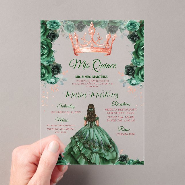 Emerald Green Rose Gold Crown Mis Quince Acryleinladungen (Insitu (Handheld))