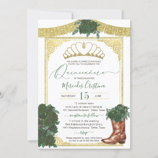Emerald Green Rose Gold Floral Charro Quinceanera Einladung