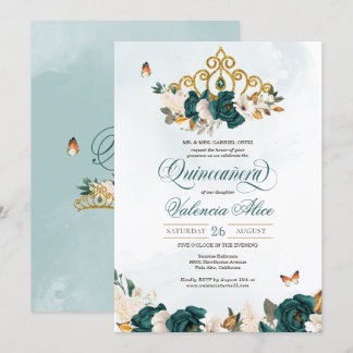 Emerald Green Rose Gold Tiara Butterfly Quince Einladung