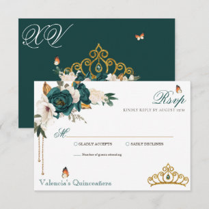 Emerald Green Rose Gold Tiara Quinceanera RSVP Karte