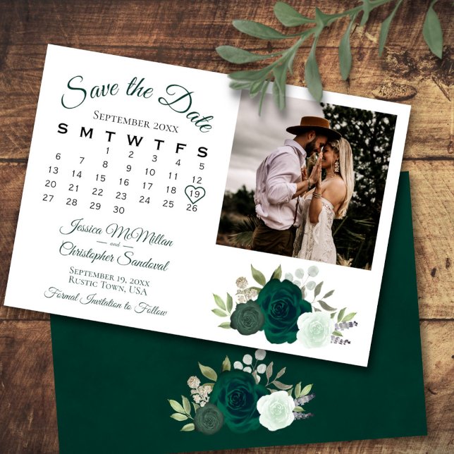 Emerald Green Rose Hochzeitkalender & Foto Save The Date (Front/Back)