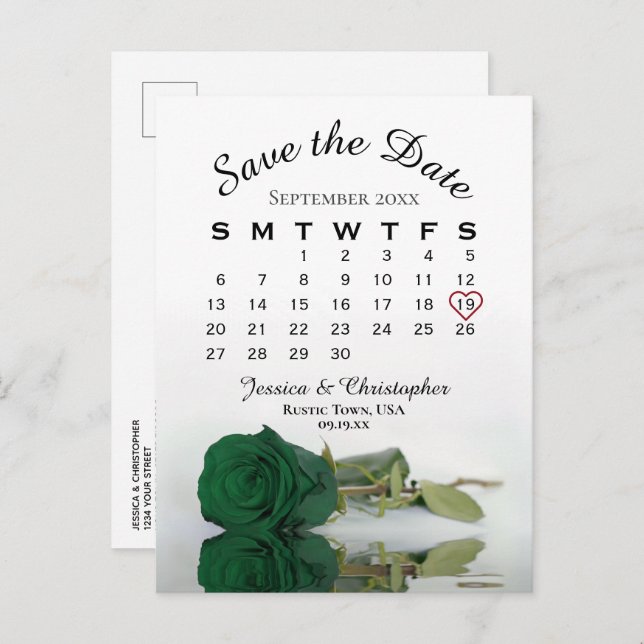 Emerald Green Rose Wedding Calendar Save the Date Ankündigungspostkarte (Vorne/Hinten)