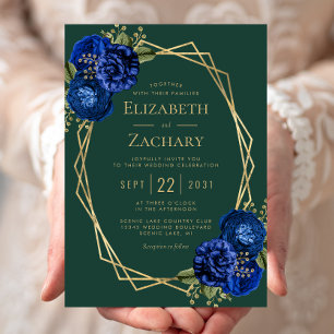 Emerald Green Royal Blue Floral Gold Wedding Einladung