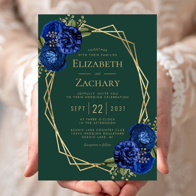 Emerald Green Royal Blue Floral Gold Wedding Einladung (Von Creator hochgeladen)