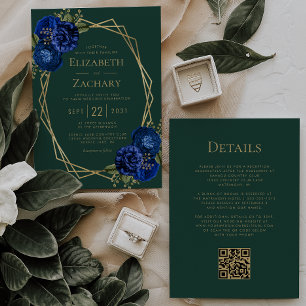 Emerald Green Royal Blue Floral QR Code Wedding Einladung