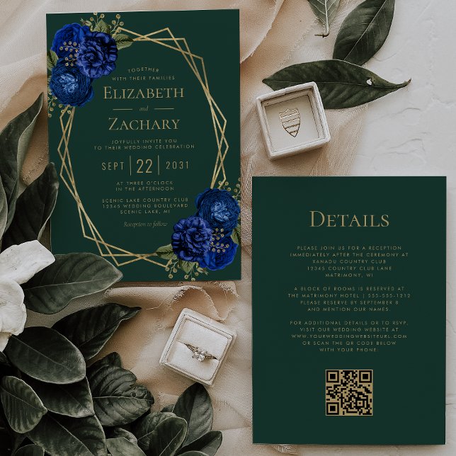 Emerald Green Royal Blue Floral QR Code Wedding Einladung (Von Creator hochgeladen)