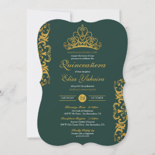 Emerald Green Royal Gold Elegante Crown Quinceñera Einladung