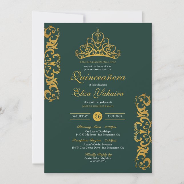 Emerald Green Royal Gold Elegante Crown Quinceñera Einladung (Vorderseite)