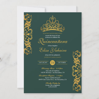 Emerald Green Royal Gold Elegante Crown Quinceñera Einladung